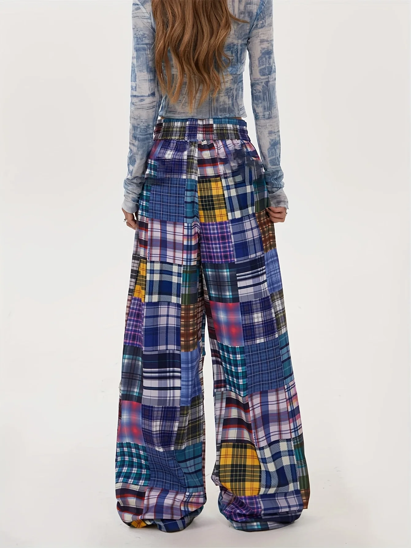 Herren- und Damen-Hose mit geradem Bein, schnelltrocknend, 3D-Druck, farbiges Patchwork, Karomuster, lockerer Schnitt, Streetwear, elastischer Bund, lange Hose. – Detail 4