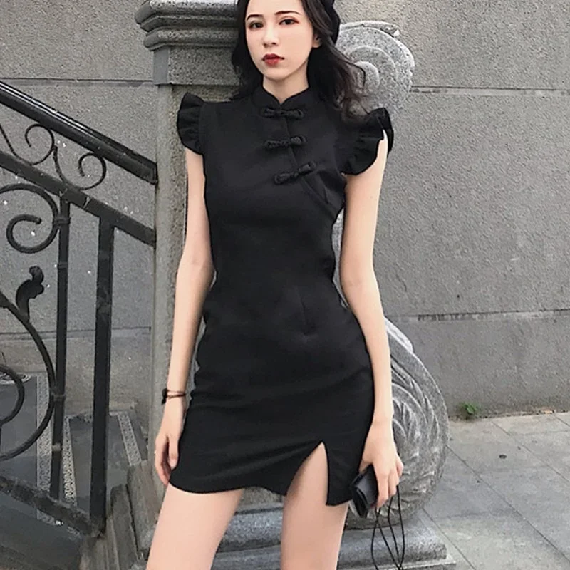 

Gothic Vintage Short Sleeve Sexy Bodycon Black Cheongsam Dress Women Solid Streetwear Mini Dress Indie Female Party Dress Casual