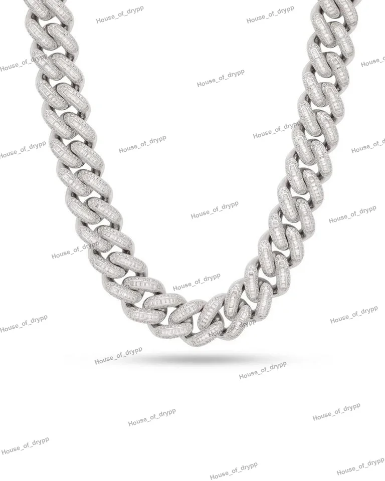 Luxury Fully Iced out Moissanite Diamond Chain D VVS Silver Jewelry with Baguette and Cuban Link Studded Tester Check Chain，
