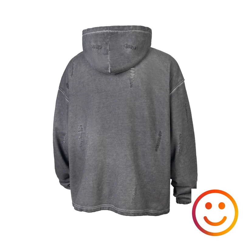 THUG CLUB gray loose Wash Cut Hole damaged Hoodie leather patch label sweatshirts men women good quality vintage terry pullovers