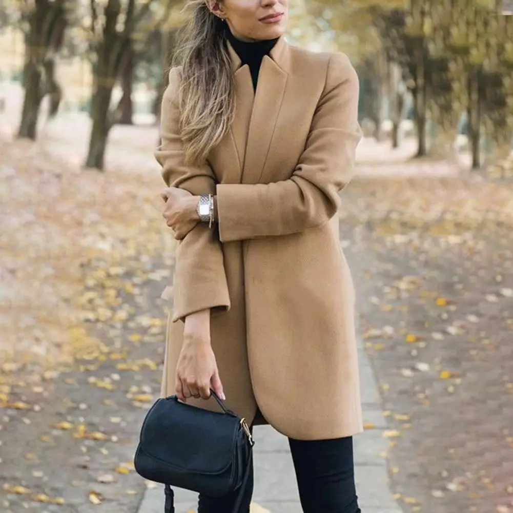 

Women Autumn Winter Jacket Elegant Woolen Coat for Women Stylish Stand Collar Overcoat with Slim Fit Long Sleeves for Fall