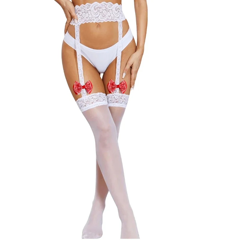 shengrenmei garter with Handmade Red Bowknot Stockings Lace Belt Pantyhose Sexy Lingerie Suspender Women\'s Uniform sheer Tights