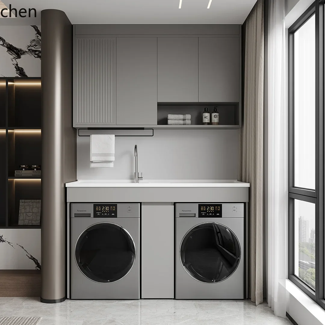 

O15- Stainless Steel Double Washing Machine Balcony Cabinet Wash Basin with Integrated Washboard