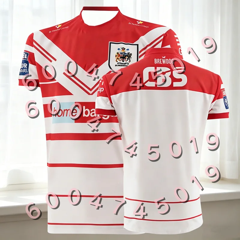 Camiseta de Rugby del St. Helens RFC, Conjuntos Familiares a Juego, Equipación Roja con Rayas Blancas, Ropa Deportiva para Adultos y Niños, Camisetas de Secado Rápido