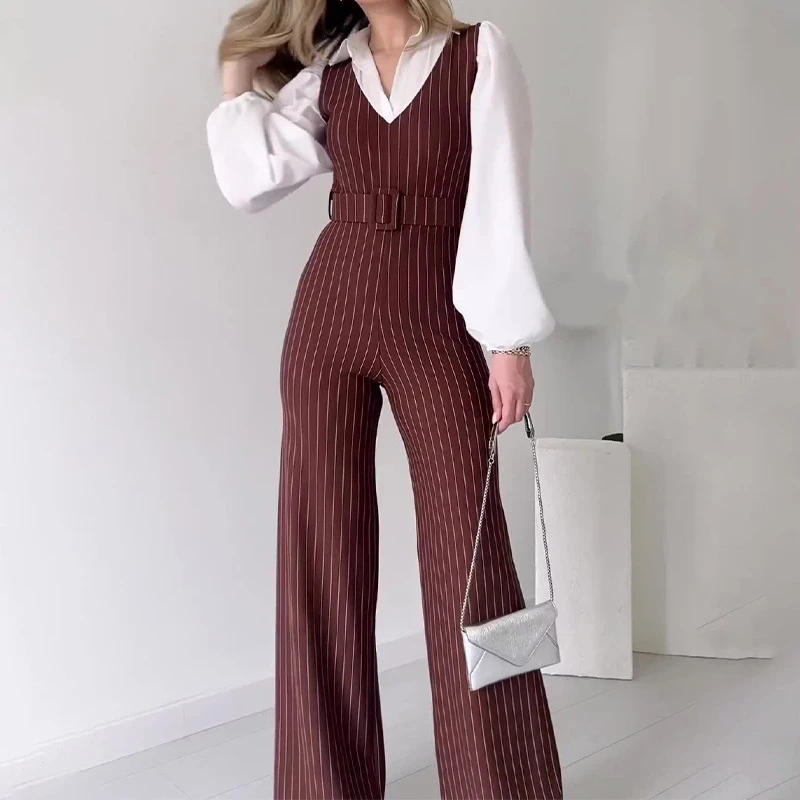 Vintage Hollow Out Sleeveless Belt Rompers Office Fashion Slim Long Pants Vest Playsuit FemaleV Neck Striped Straight Jumpsuits