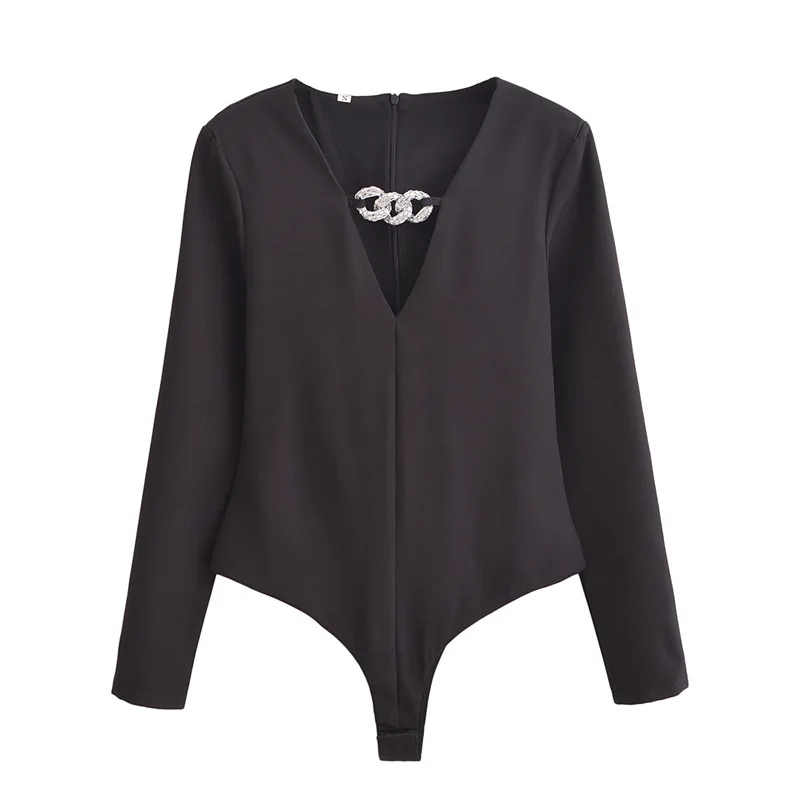 

Temperament Deep V-neck Long-sleeved Jewelry-encrusted Black One-piece Shirt
