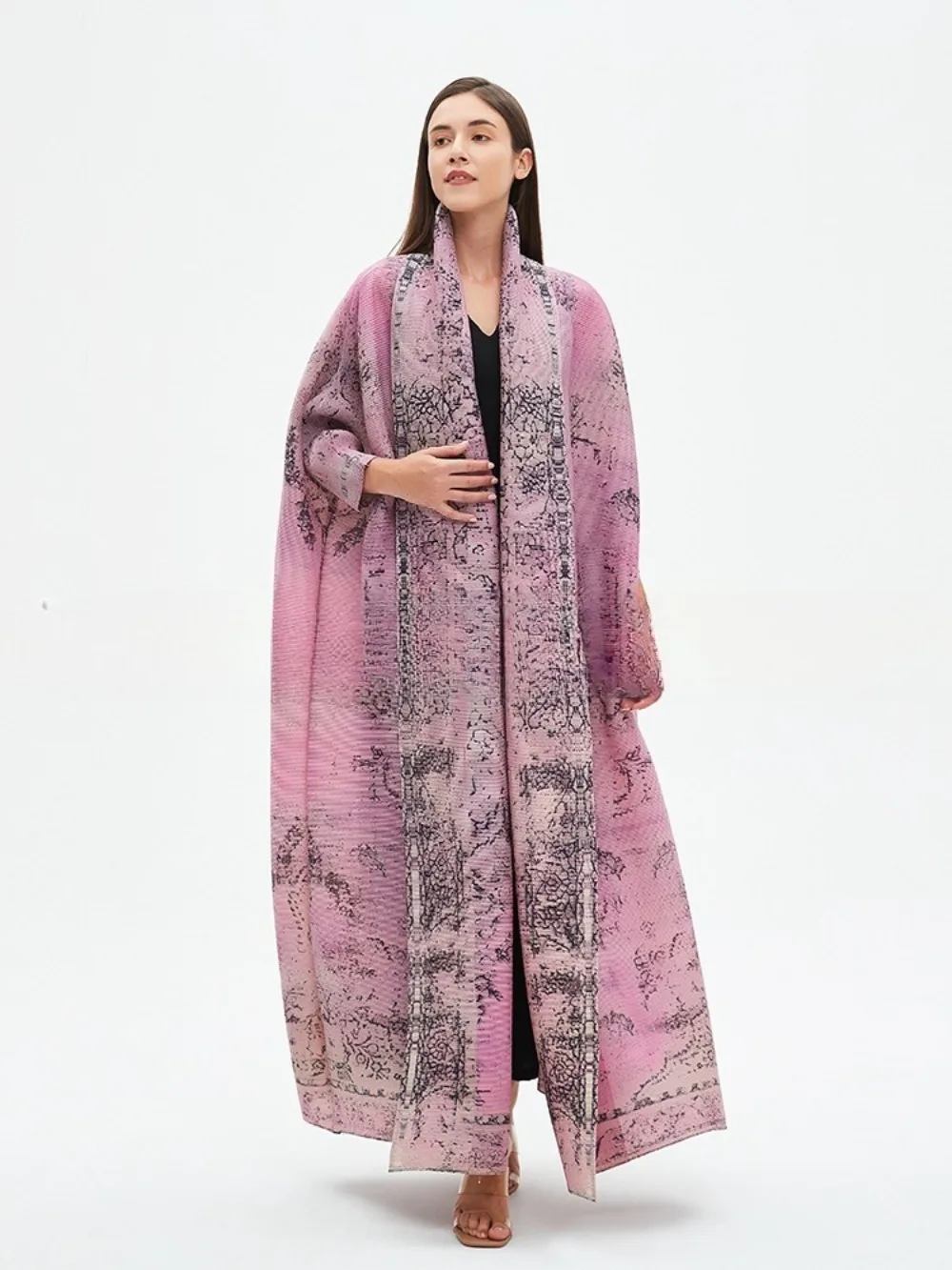 

Miyake плиссированное мусульманское женское платье-кардиган Абая с винтажным принтом и длинными рукавами, платье 2025 года, оригинальный дизайнерский кафтан, длинные пальто