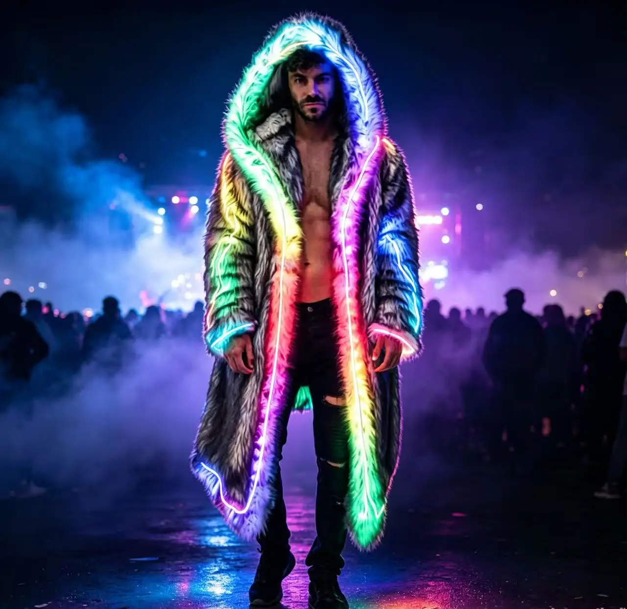 Men LED Coat Long Hooded Faux Fur Jacket Light Up Rave Clothes EDM Festival Carnival Cosplay Costume Winter Warm Outfit New