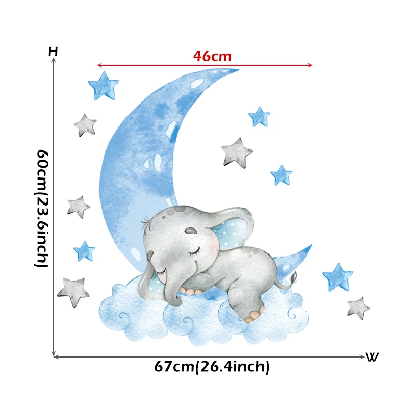 Baby Boy Elephant Sleeping Moon Wall Stickers for Kids Room Baby Nursery Room Decoration Wall Decals Home Decor Cartoon Animal