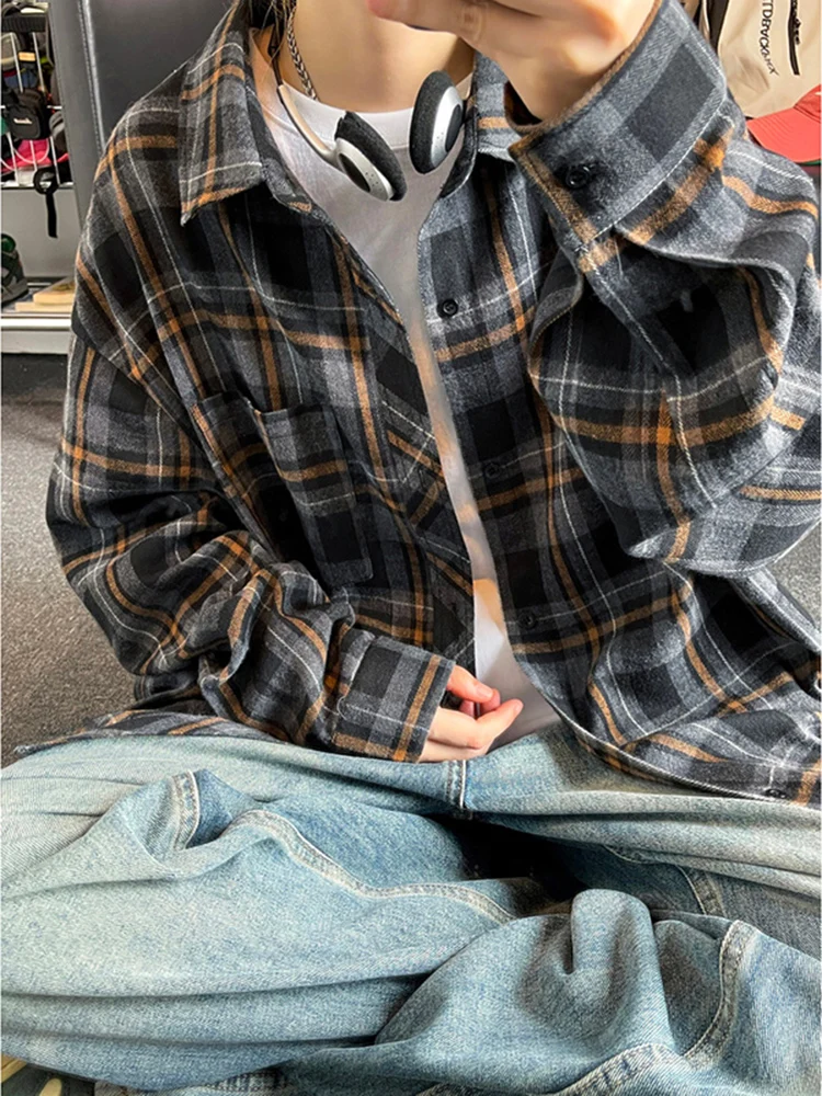 

Autumn Faion Men's Long Sve irt Youthful Plaid Sun Protection Bla American Sle Top for Teenagers Outerwear Jaet