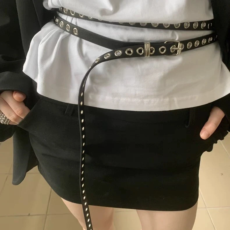 

Корейский двухслойный черно-белый ремень с перфорацией, уникальный дизайн, универсальный, из полиуретана, для молодых женщин