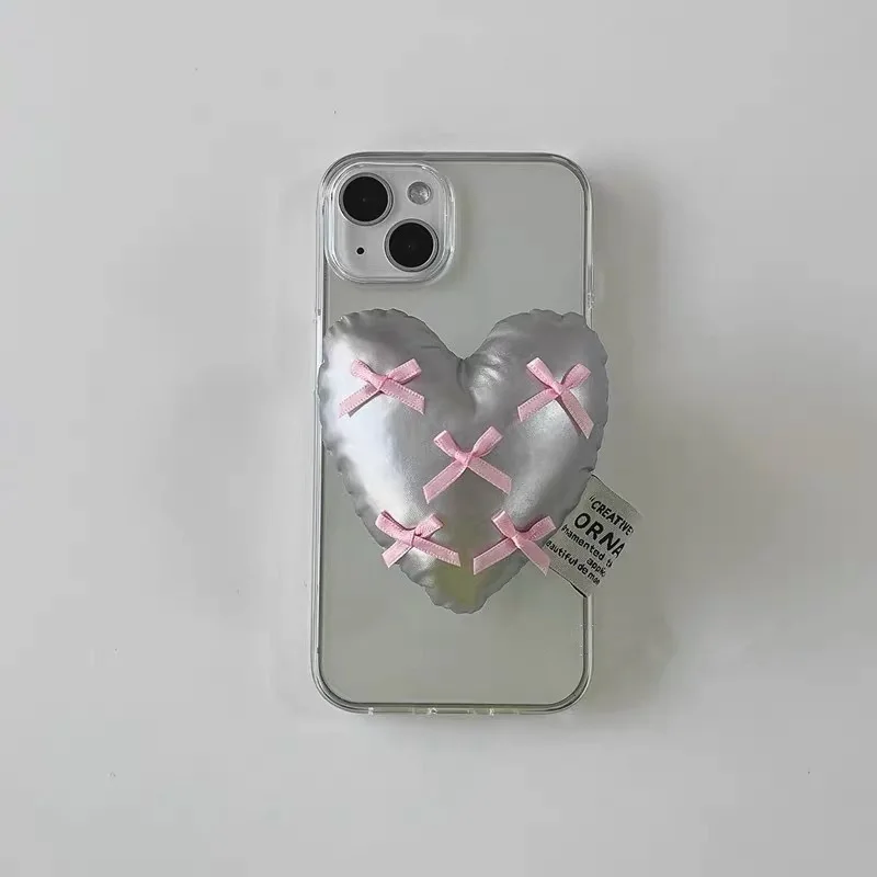 Korean INS 3D Bow Heart Shaped Air Bag Retractable Phone Stand Chic Girl Mobile Phone Holder Drop-proof Buffer Cute Phone Deco