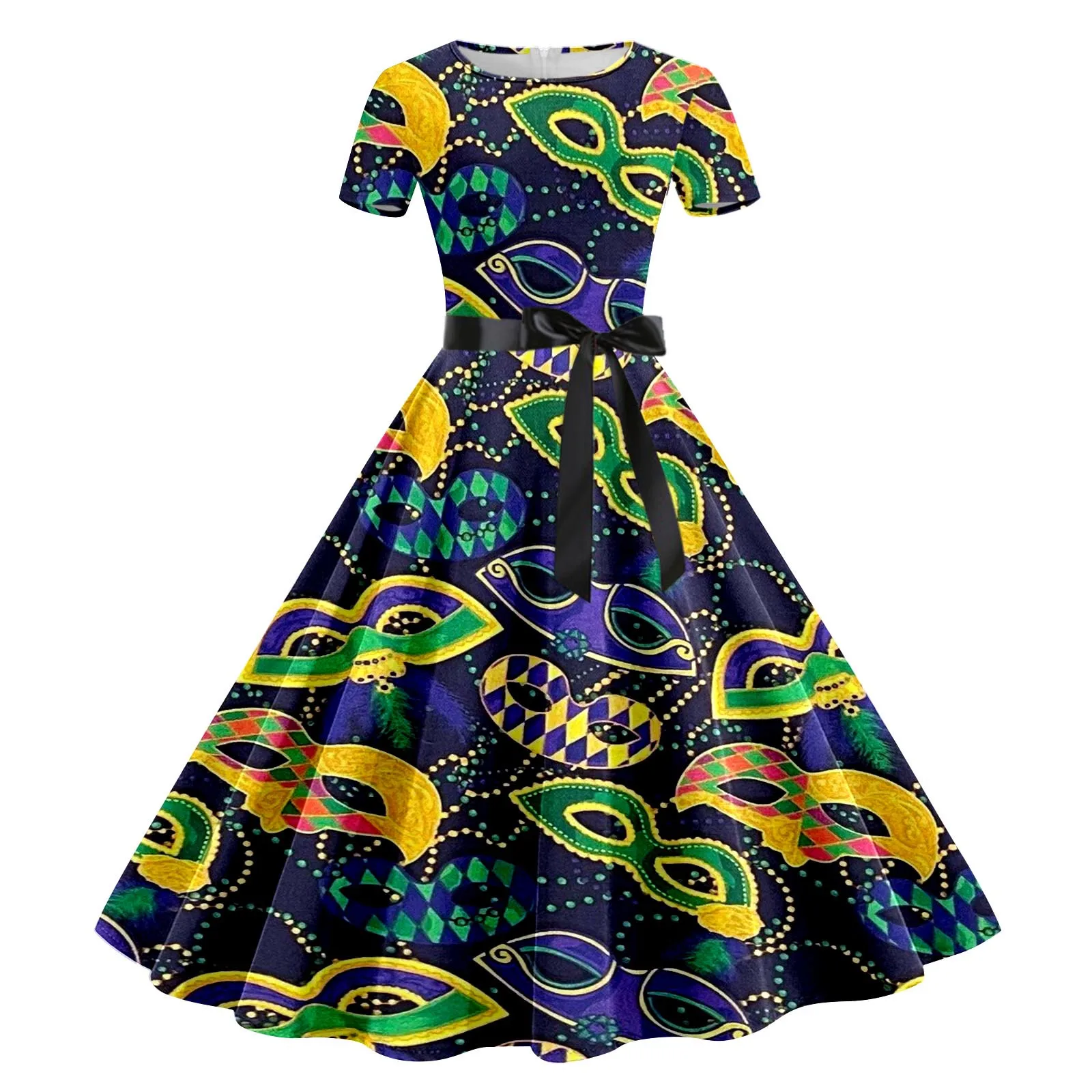 Mardi Gras Party Dresses Women Printed Short Sleeve 1950s Evening Party Prom Dress High Waist Midi Swing Women Dress 2024