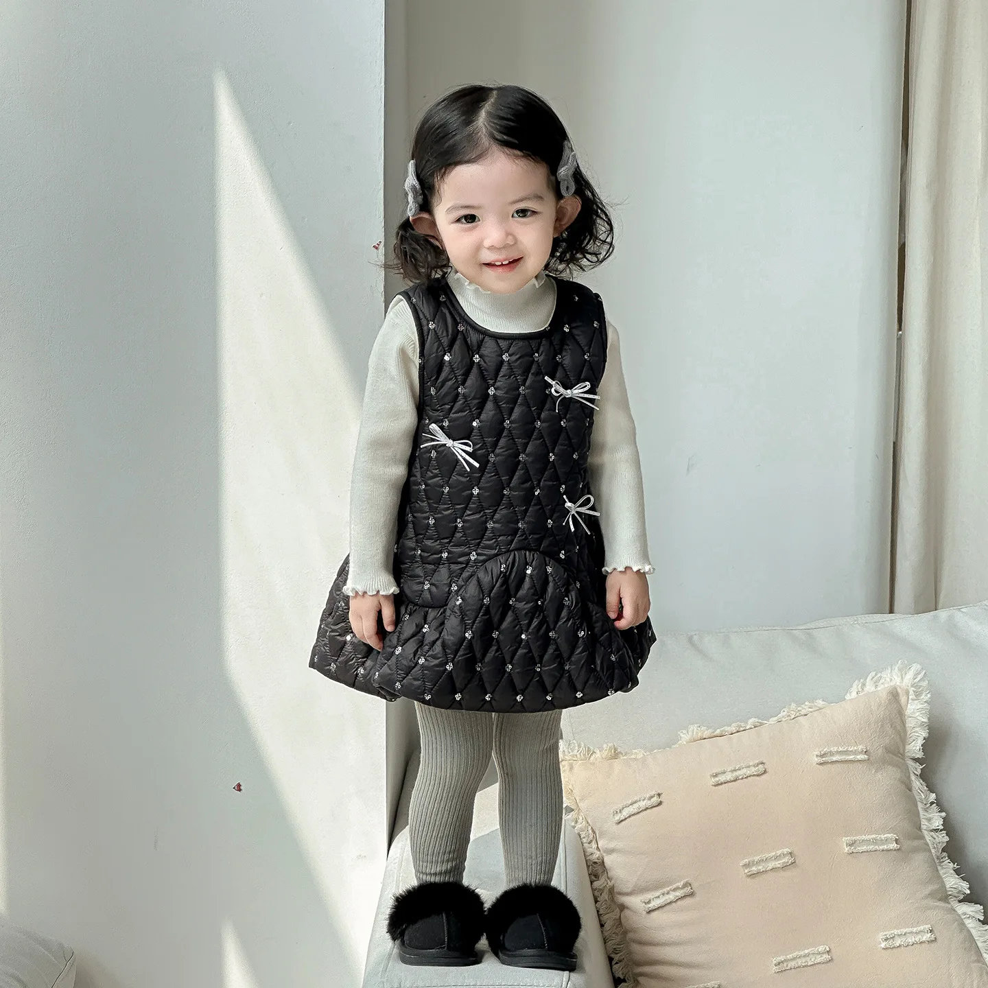 

2025 Autumn and Winter New Baby Quilting Cotton Dress Set Baby Girl Plush Skirt Sweater Two-piece Set Fashion
