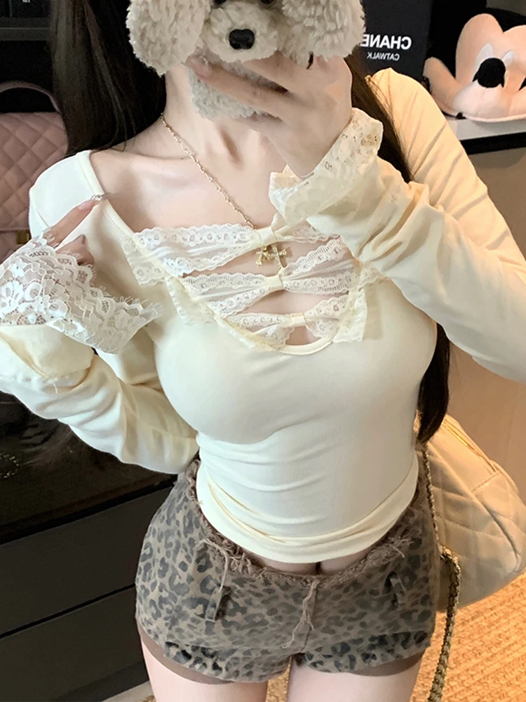 

Кружевные лоскутные винтажные футболки женские с длинным рукавом корейская мода Y2k одежда милая футболка черные сексуальные женские повседневные укороченные топы