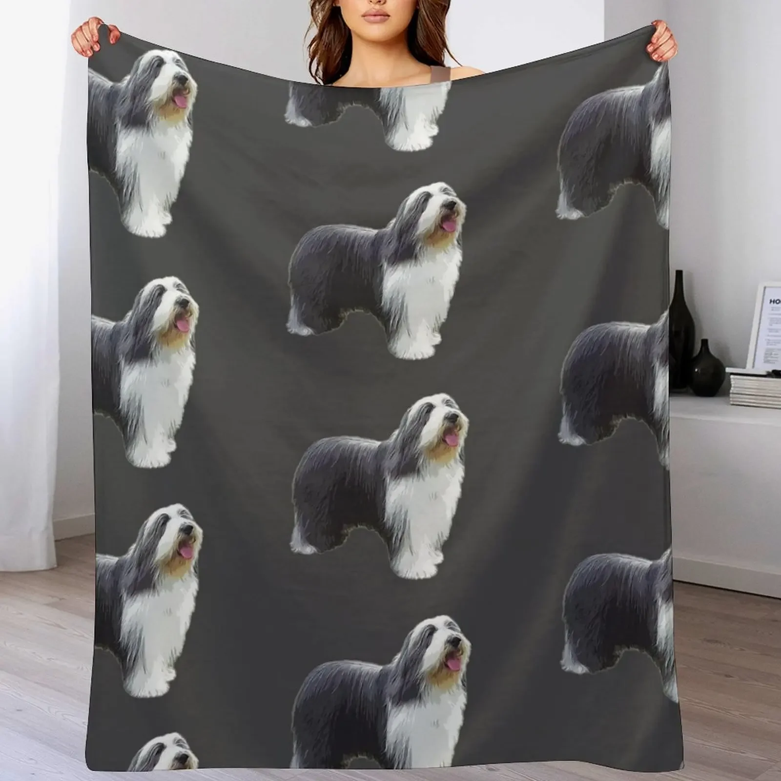 Bearded Collie Standing Throw Blanket Long Lasting Soft Plush Blanket for Daily Use
