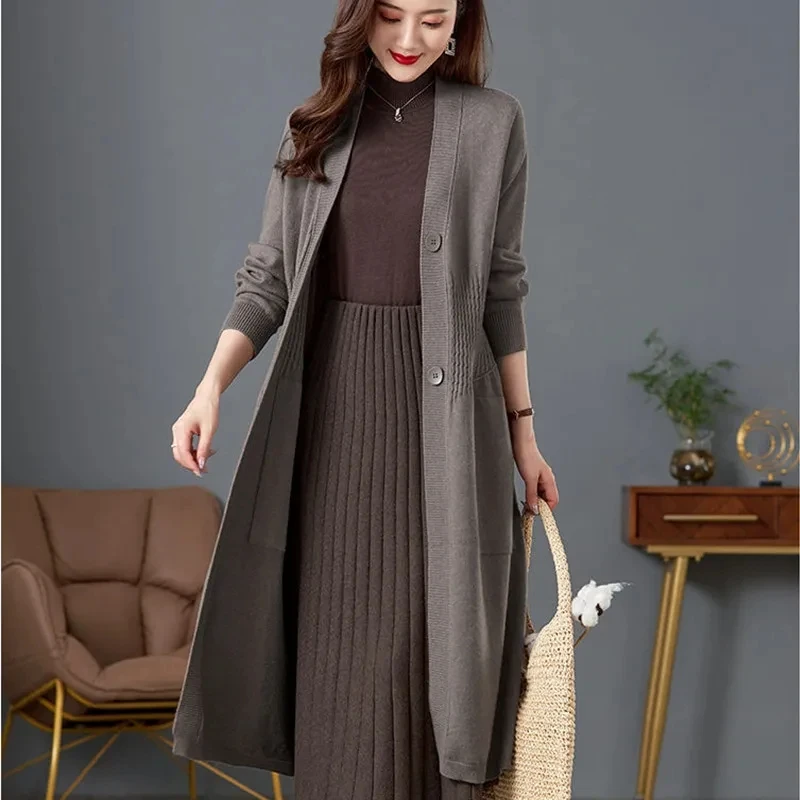 

Fashion V-neck Knitted Cardigan Long Sweater Coat Women's Spring Autumn NEW High End Soft Knit Jacket Female Wool Sweaters