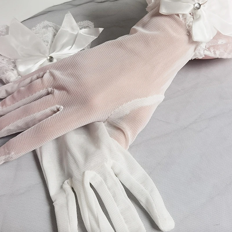 Bridal Wedding Gloves White Tulle with Lace & Bow Opera Party Short Gloves 10\