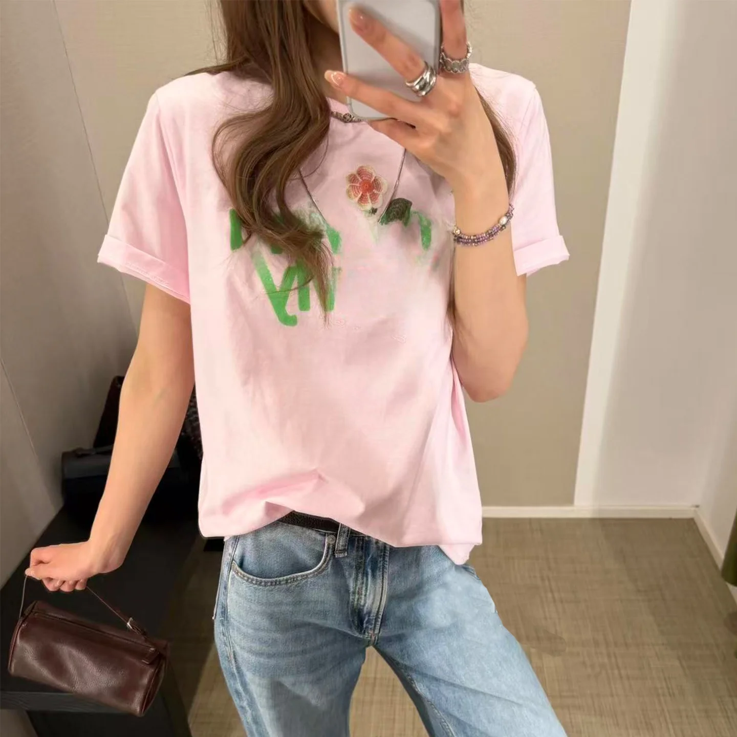 

Nordic Style Floral Letter Women's T-shirt Short Sleeve Pink Summer New Casual Loose Fit Pure Cotton Printed Streetwear