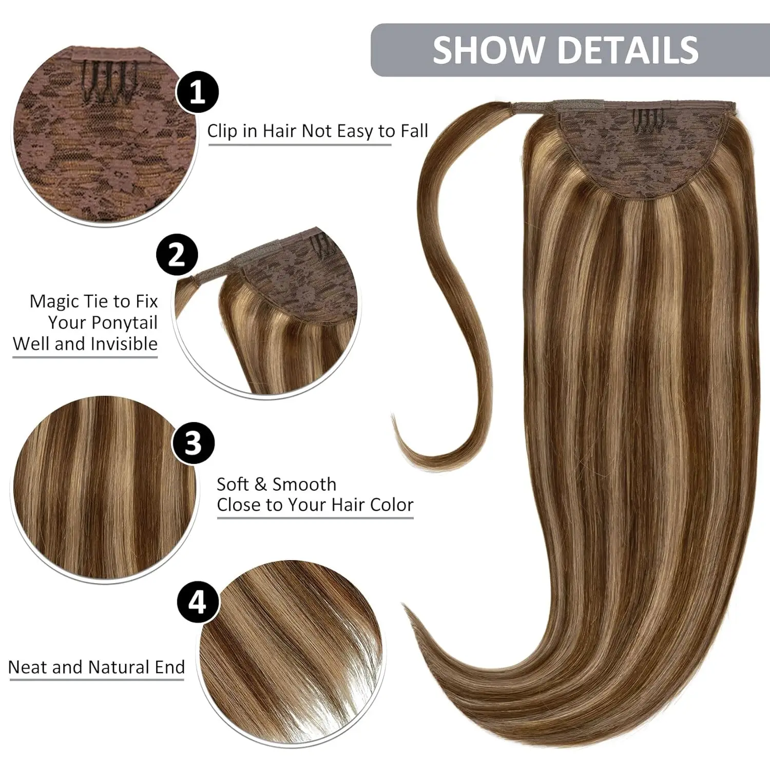 # 4/27 Hoogtepunt Rechte Paardenstaart Human Hair Extensions Braziliaans Haar Magic Wrap Around Clip In Hair Extensions Haarstukjes 100%