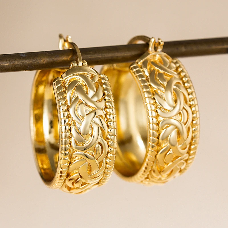 Pendientes de aro Huitan vintage con cadena trenzada para mujer, chapados en oro, texturizados, gruesos, tipo Huggie, retro, para uso diario y fiestas, joyería 2026