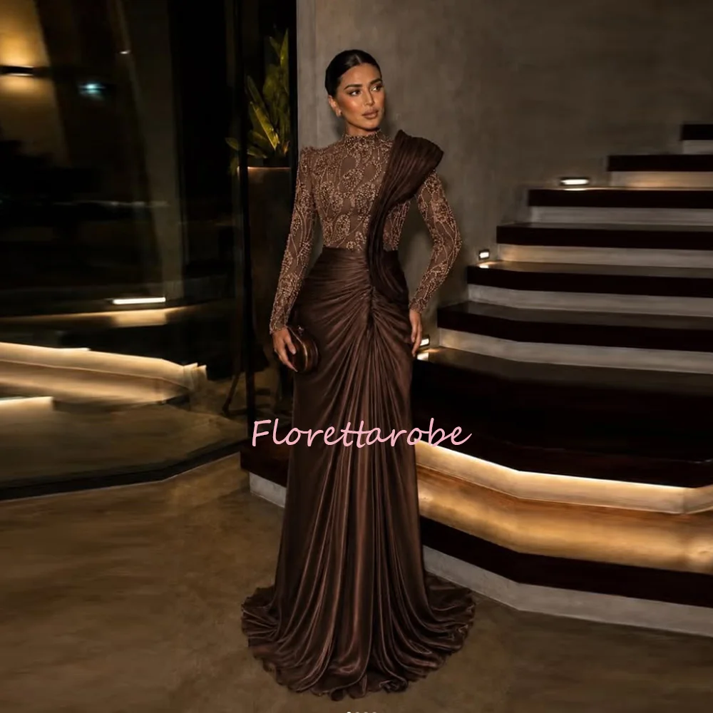 Abendkleid mit hohem Kragen und langen Ärmeln, exquisite Perlen und Pailletten, maßgeschneiderte Partykleider, hochwertige Ballkleider mit Falten