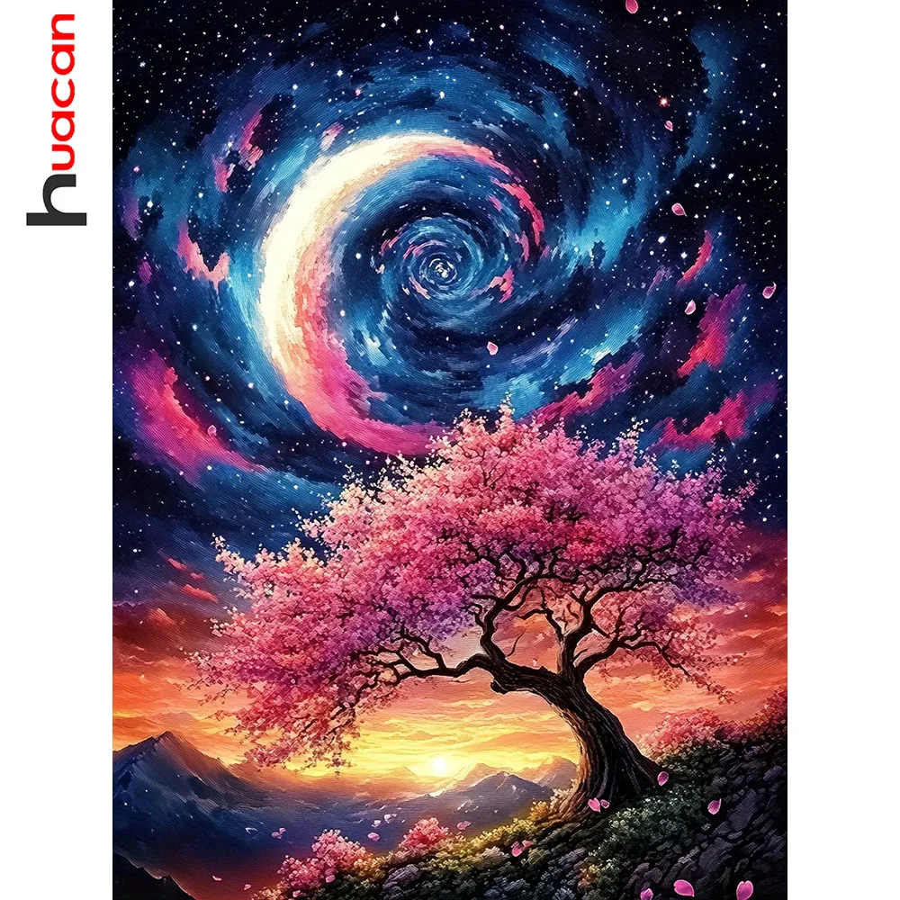 Huacan DIY-Diamantgemälde, Sternenhimmel, Sonnenuntergang, Baum, Diamant-Stickerei, Landschaft, komplettes Set, Bild aus Strass