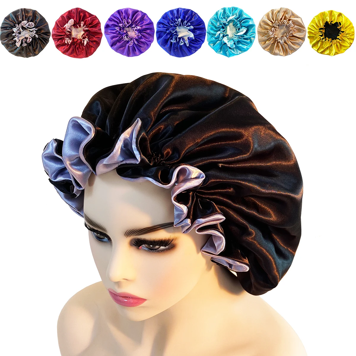 1Pcs Women's Double Layer Satin Bonnet Elastic Hat Casual Sports Silk Smooth Suitable for Curled Straight Hair Sleeping Hat