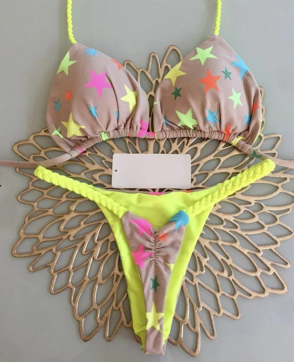 Bikini con estampado dividido para mujer, traje de baño de moda, G-string, vacaciones en la playa, nuevo