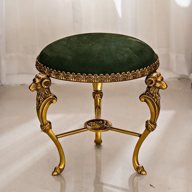 

Medieval style small round stool retro light luxury brass cowhide low stool household high-end luxury entrance shoe