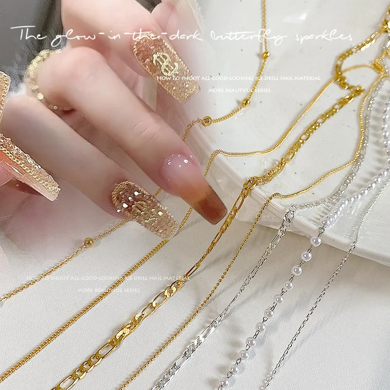 

Nail Chains Gold Silver Nail Stone Beads 60cm Decor 3D Alloy Punk Style Nail Decoration Nail Jewelry Nail Charm Accessories