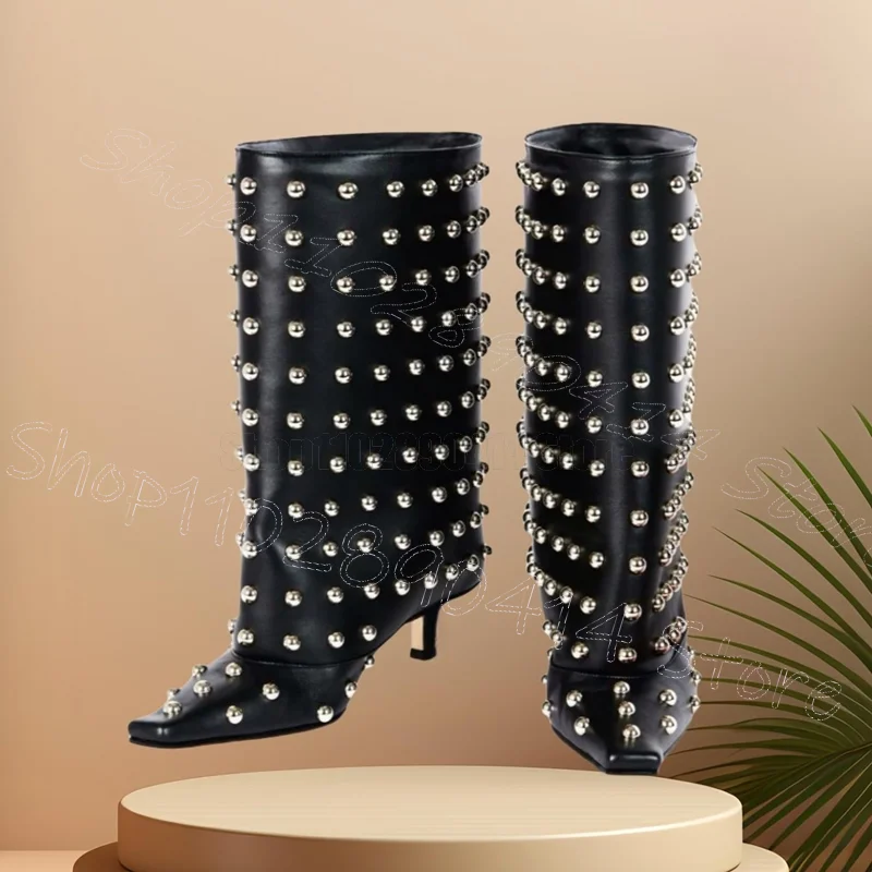 

Silver Round Rivets Black Large Cuff Boots Slip On Women Shoes Thin High Heel Novel Party Feast Runway 2025 Zapatos Para Mujere