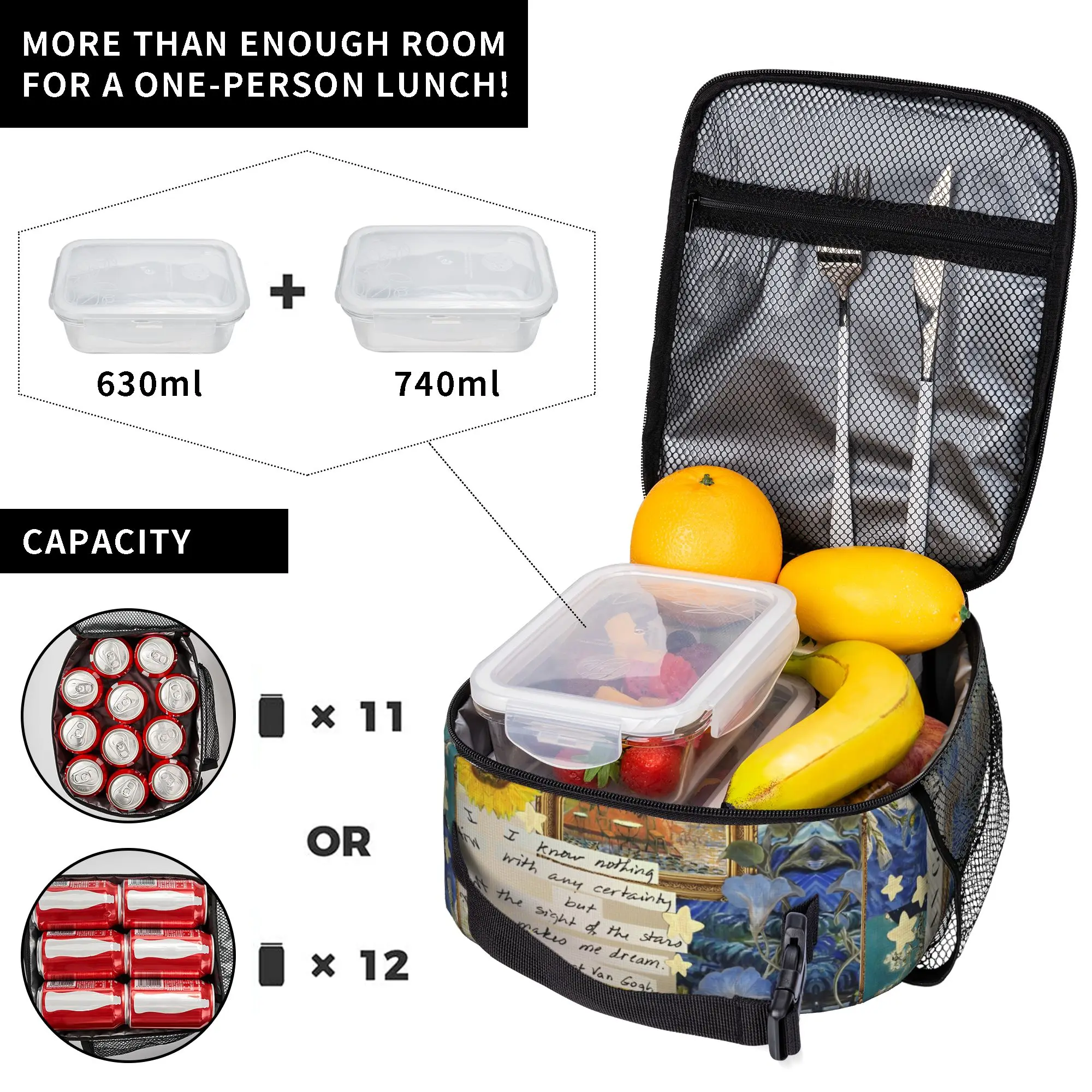 Insulated Lunch Tote Bag Van Gogh Art Oil Paintings Sunflowers Starry Night Cooler Thermal Lunch Storage Food Box with Handle