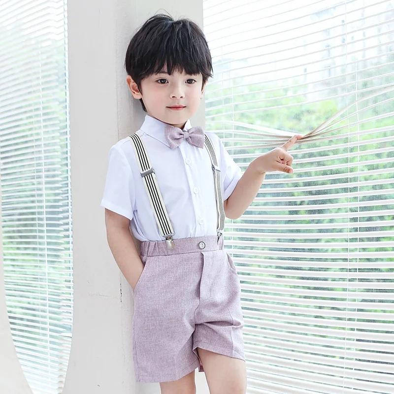 Gentleman Kids Summer Breathable School Suit Boys Shirt Shorts Strap Bowtie Photography Costume Children Wedding Party Dress