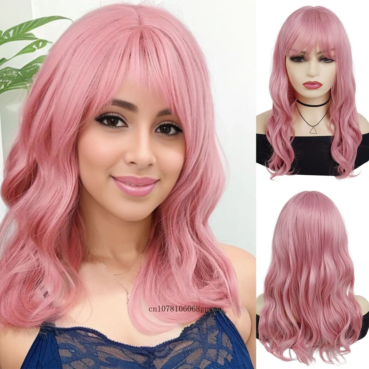 

Synthetic Hair Pink Cosplay Wig for Women Girls Long Curly Wavy Wigs Bob Hairstyle Lolita Wigs with Bangs Costume Dress Party