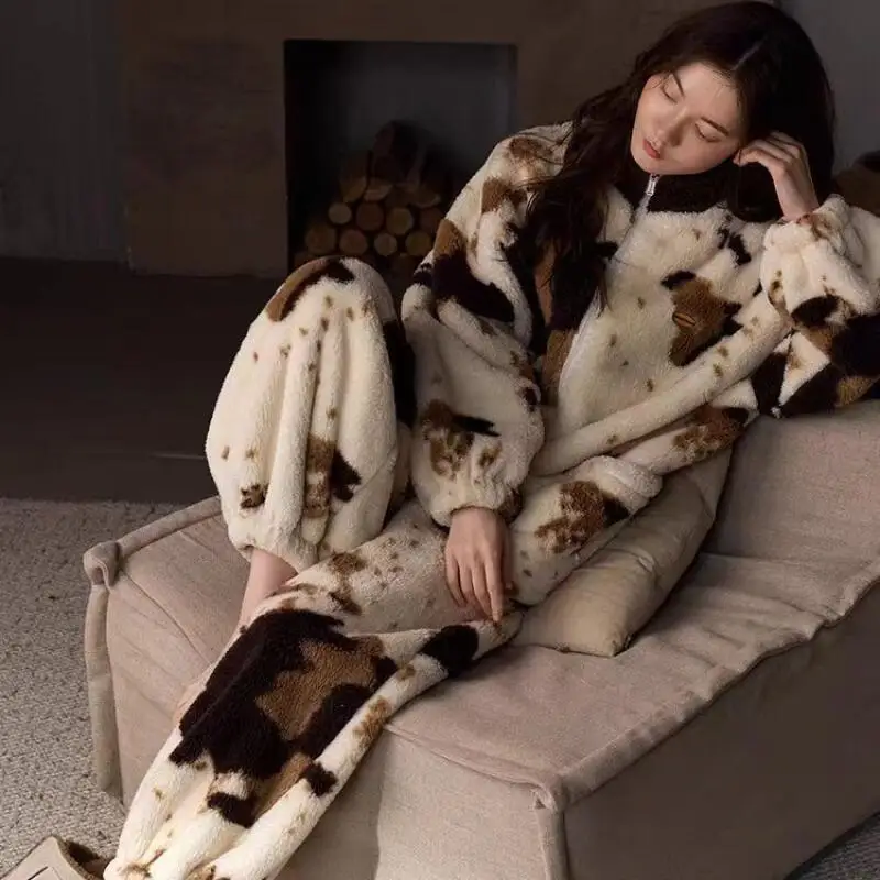 

Autumn Winter Pajamas Suit Female Coral FleSece Zipper Homewear Flannel Fleece-Lined Sleepwear Keep Warm New Nightwear Wholesale