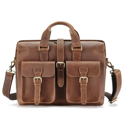 Vintage Crazy Horse Leather Men Briefcase Business Work Bags Male Fits 15.6