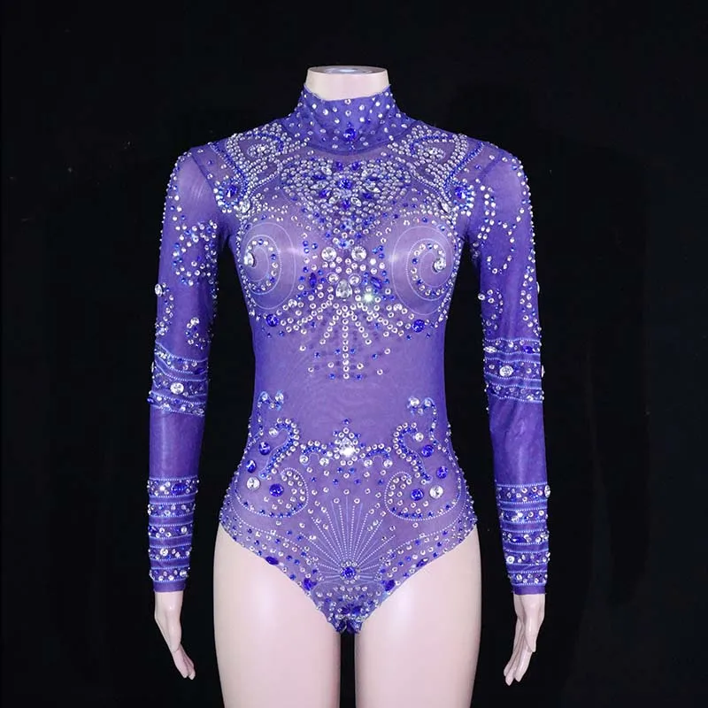 Leotardo brillante con diamantes de imitación para mujer, traje de baile Sexy, traje de noche para fiesta de cumpleaños, ropa de escenario para cantante y bailarina