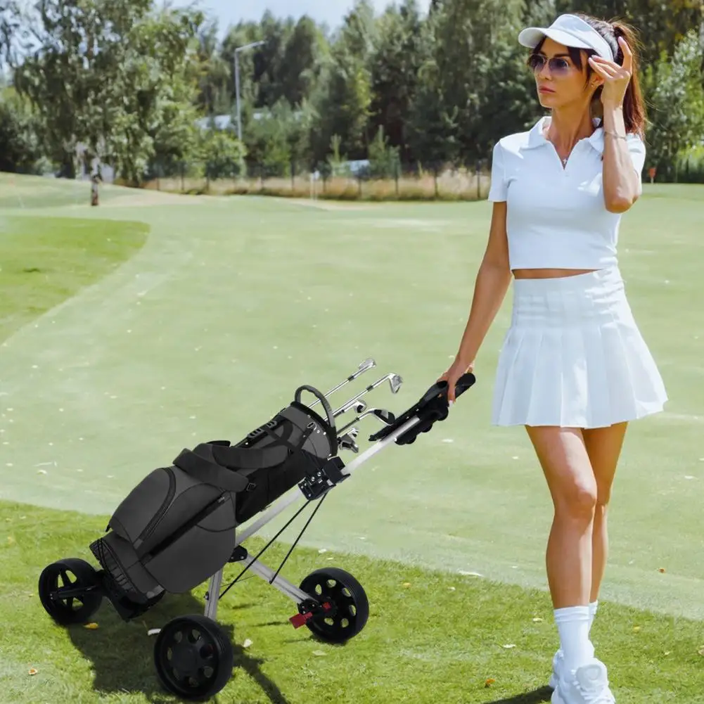 Folding Aluminum Alloy Golf Trolley 3 Wheels Golf Bag Pull Push Cart Scorecard Board Holder Adjustable Trolley With Footbrake ﻿