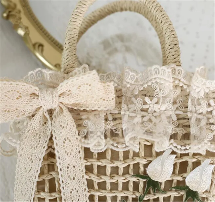 Mori Girl Lolita Flower Tulip Basket Straw Handbag Girl Kawaii Lace Trim Picnic Tea Party Outdoor Bag Props D1144