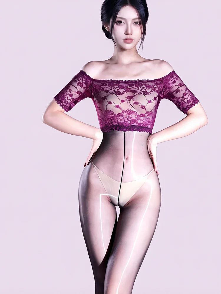 Women Sexy Shaping Bodysuit Lace Patchwork Off Shoulder Printing Sheer Oil Shiny Jumpsuit Transparent Nightclub Tights Stockings