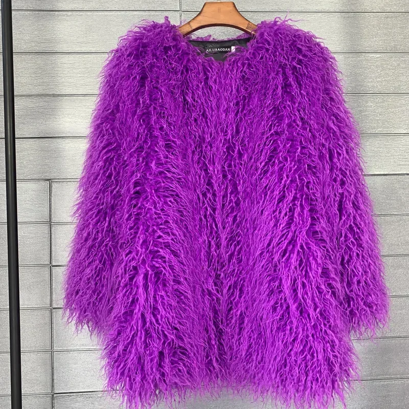 Mongolia Sheep Fur Women Medium Long Coat Jacket Colorful Warm Faux Fur Plush Coats Female Jacket Autumn Winter Furry Outerwear