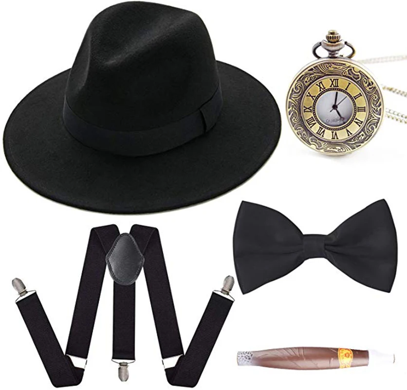 Drop Verschiffen 1920s Herren Gatsby Gangster Kostüm Zubehör Set Panama Manhattan Fedora Hosenträger Fliege Zigarre