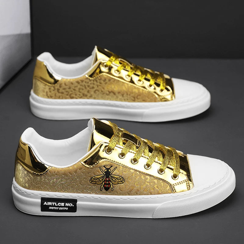 Gold Shiny Vulcanized Shoes Men's Luxury Shoes Fashion Designer Men Low Skateboard Shoes Hip Hop Flats Sneakers Men Bee Sneakers