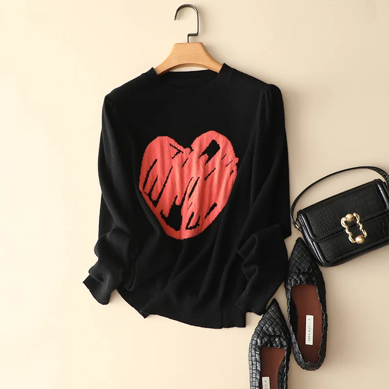 masigoch love heart jacquard 100% cashmere sweaters women