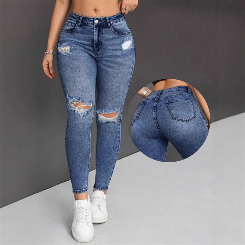 

Women Stretch Slim Fit Ripped Skinny Jeans High Waist Tummy Control Butt Lifting Casual Pants Fashion Trend Slimming Casual