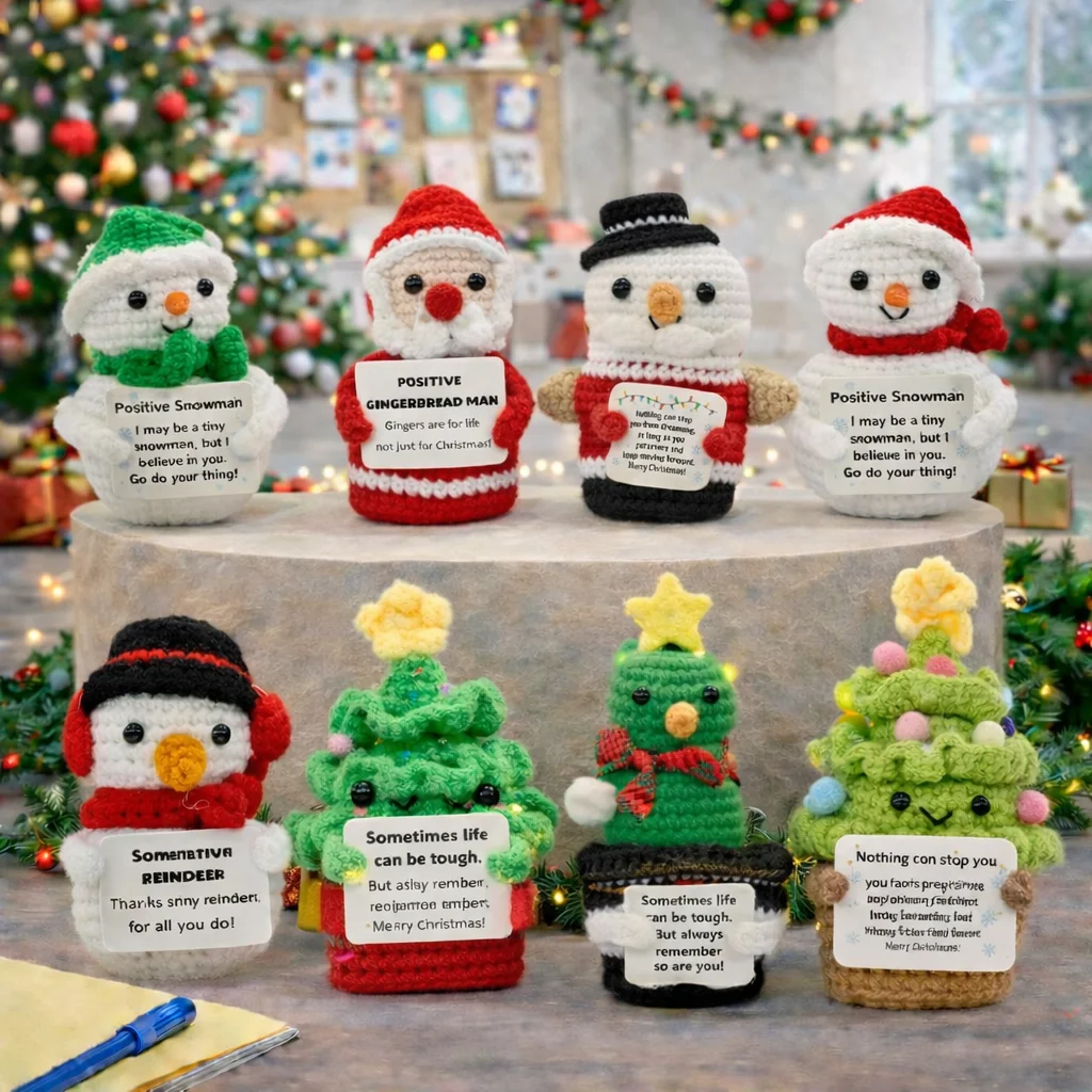 Festival Series Positive Energy Crochet Christmas Snowman & Tree Handmade Knitted Doll with Encouragement Card Mini Desk Decor G