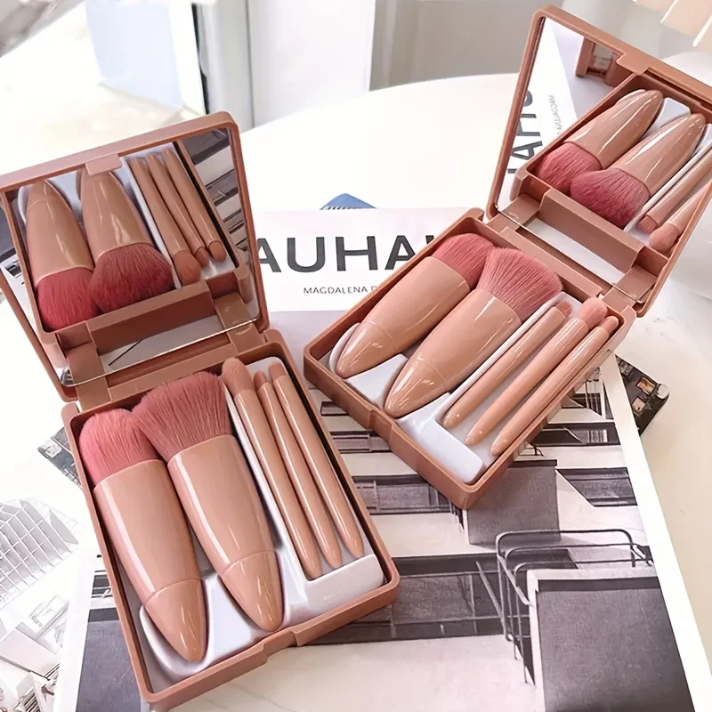 Novo conjunto de mini pincéis de maquiagem de 5 peças - kit de viagem portátil com espelho, cerdas de poliéster sem fragrância, formato de pincel de palma
