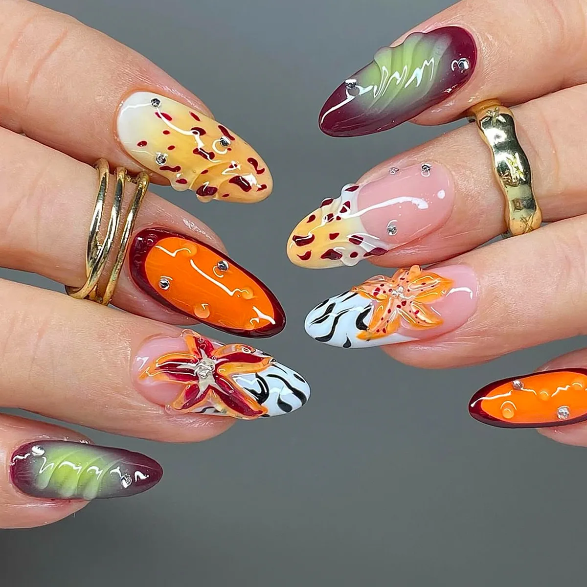 

24Pcs Mid-length Almond Press on False Nails Yellow Smudge 3D Flower French Fake Nails Rhinestone Reusable Full Cover Nails Tips