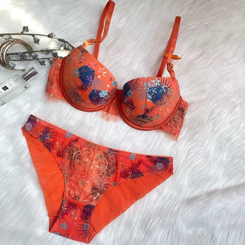 레트로 인쇄 레이스 여성 패션 탑 작은 가슴이 나타납니다 대형 안티 처짐 여성 브래지어 세트 가볍고 얇은 컴포트 란제리